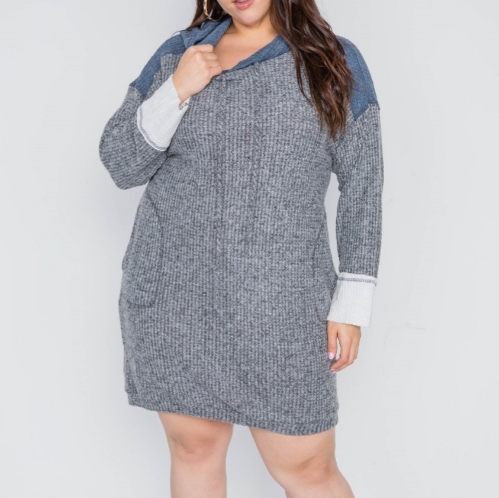 1X Charcoal Knit Hooded Soft Sweater Dress - Picture 2 of 5